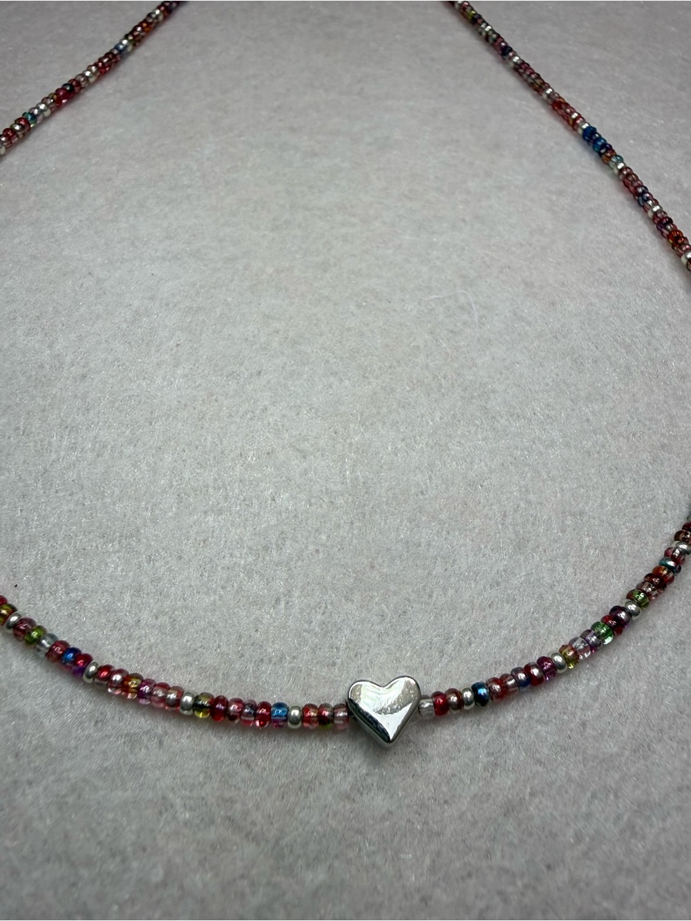 Multicolor Seed Bead Necklace with Silver Heart Pendant - Women Other Necklaces